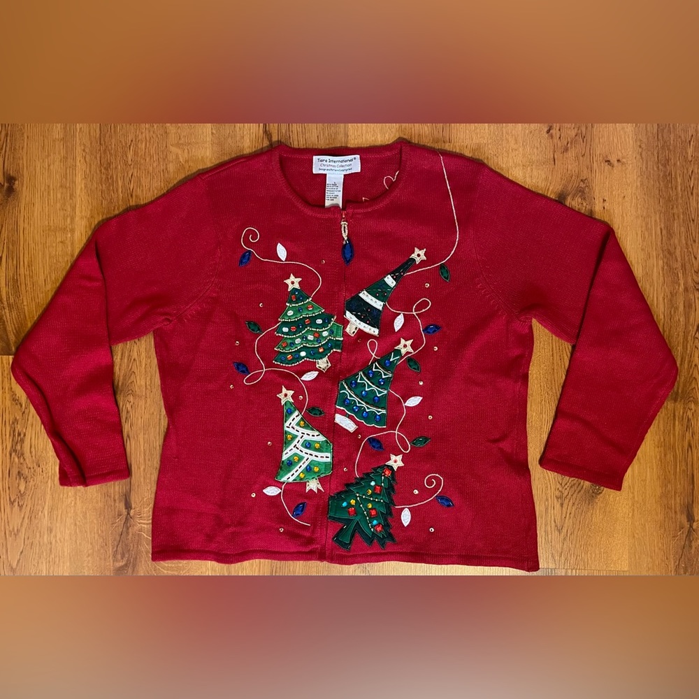 Vintage Christmas Sweater Tiara International Tree Light Beaded Zip Up Women’s L
